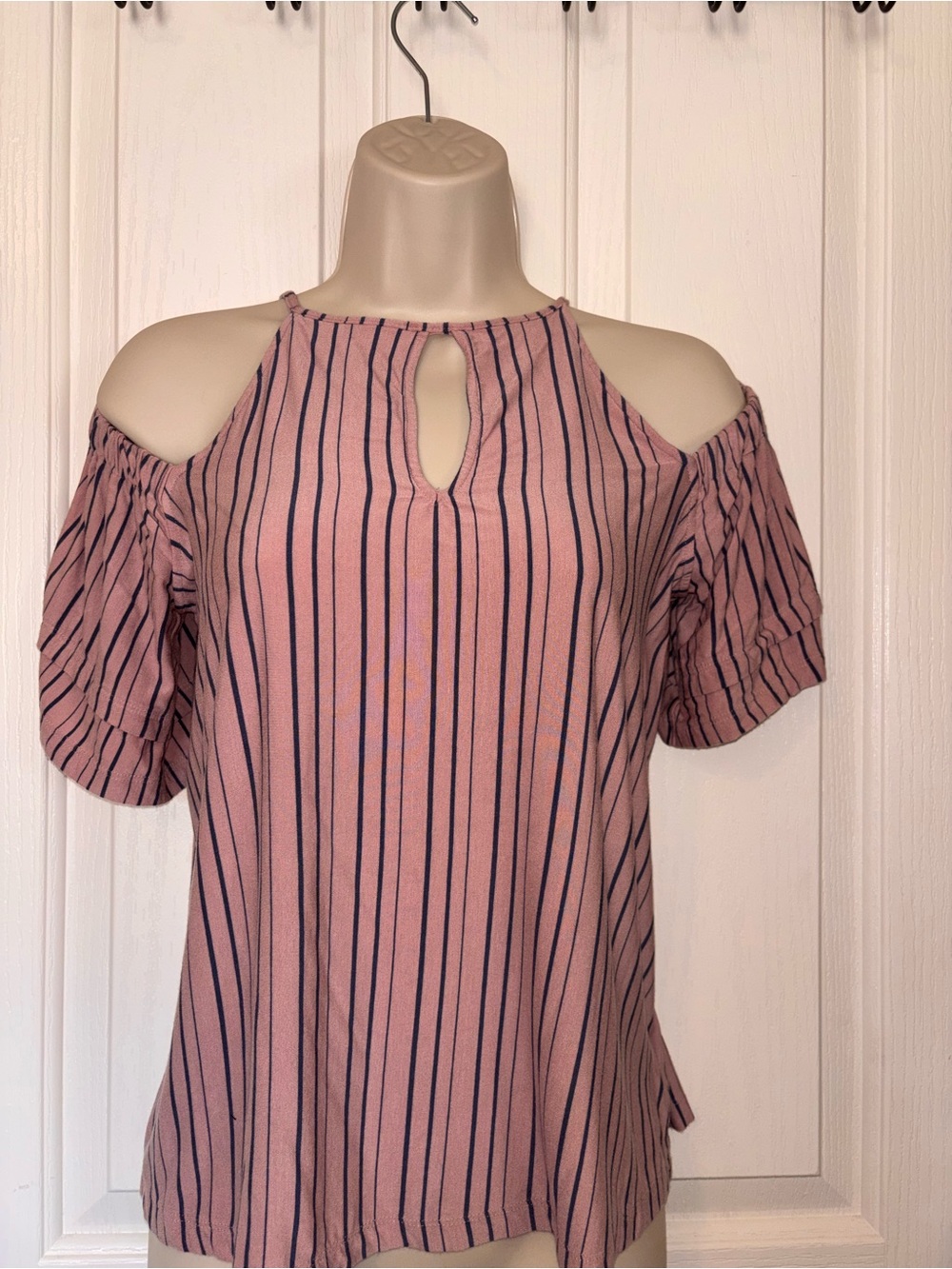 American Eagle Outfitters Pink Striped Cold-Shoulder Top